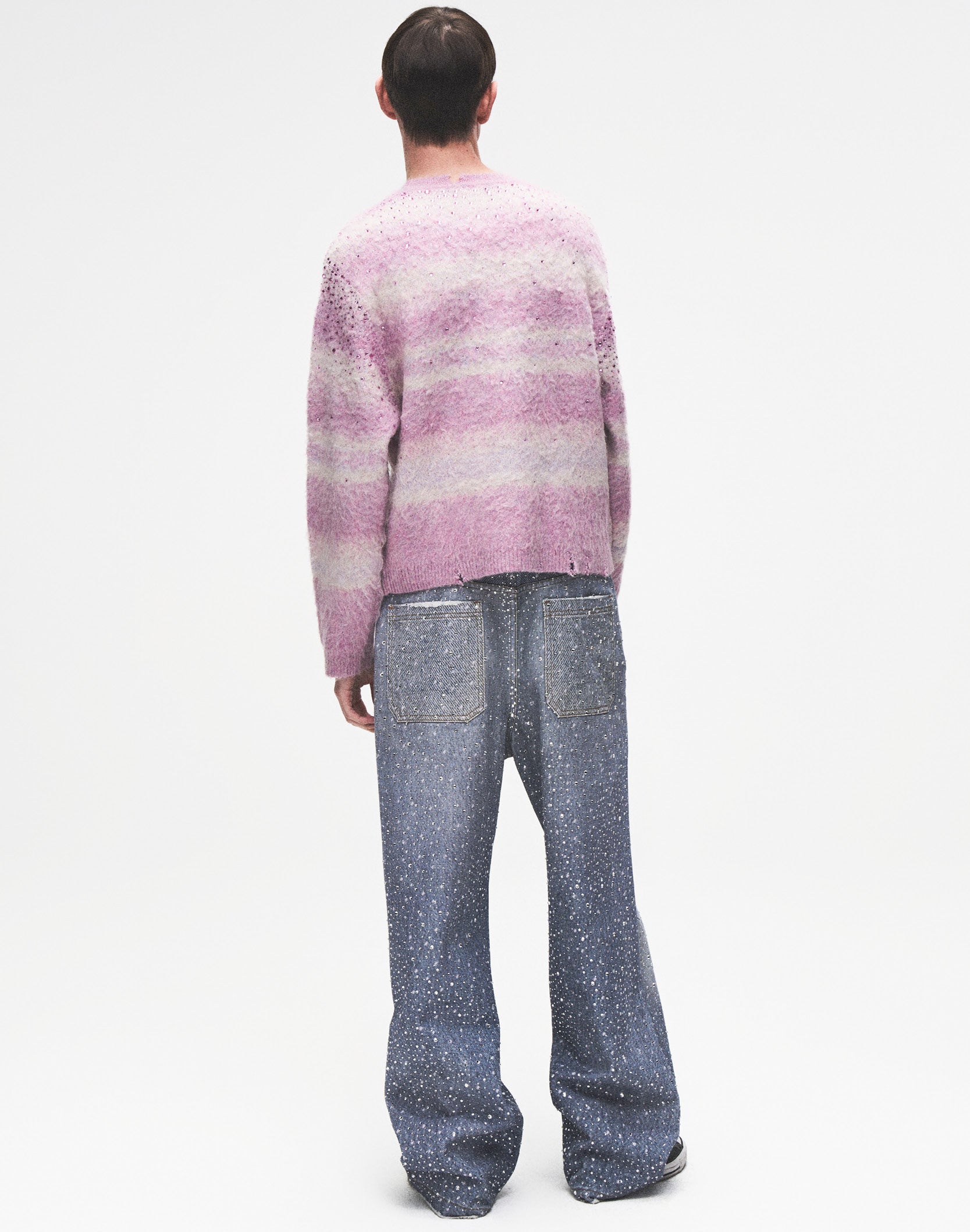 Rhinestone Embellished Color Block Mohair Sweater in PNK