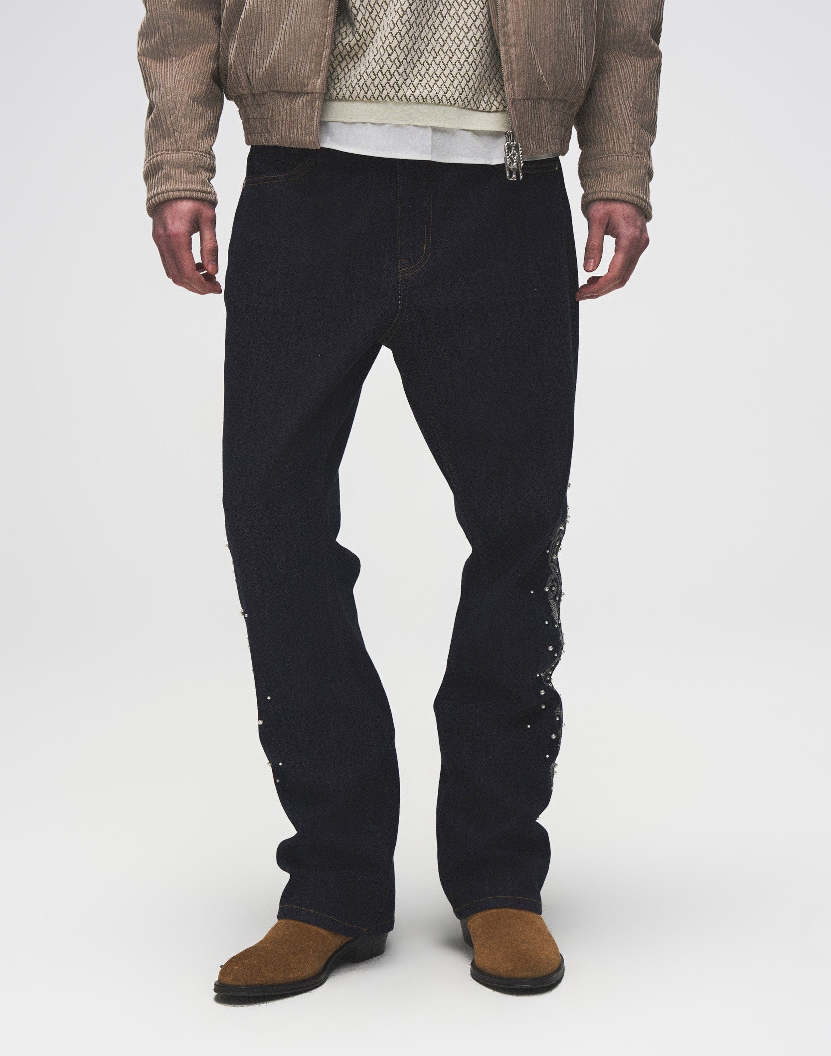 Raw Denim Embroidered Pearl Flared Jeans