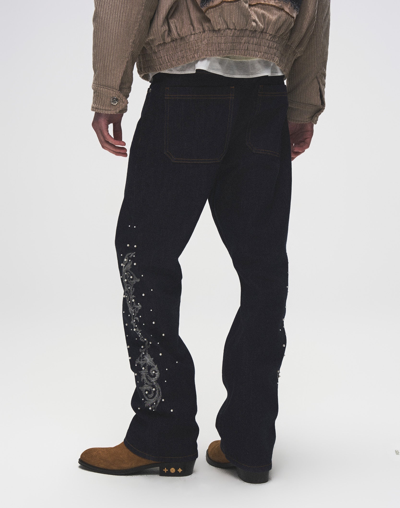 Raw Denim Embroidered Pearl Flared Jeans