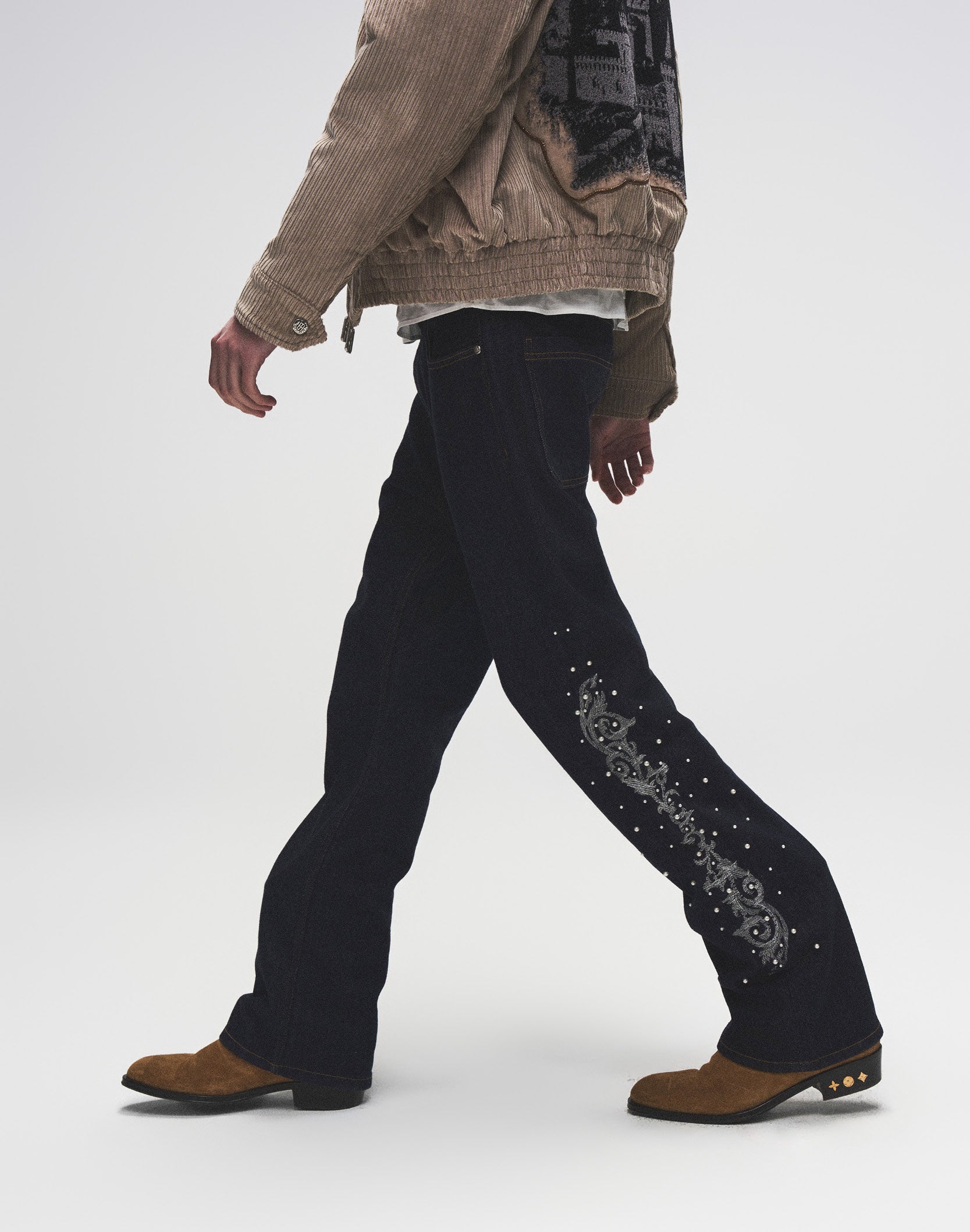 Raw Denim Embroidered Pearl Flared Jeans