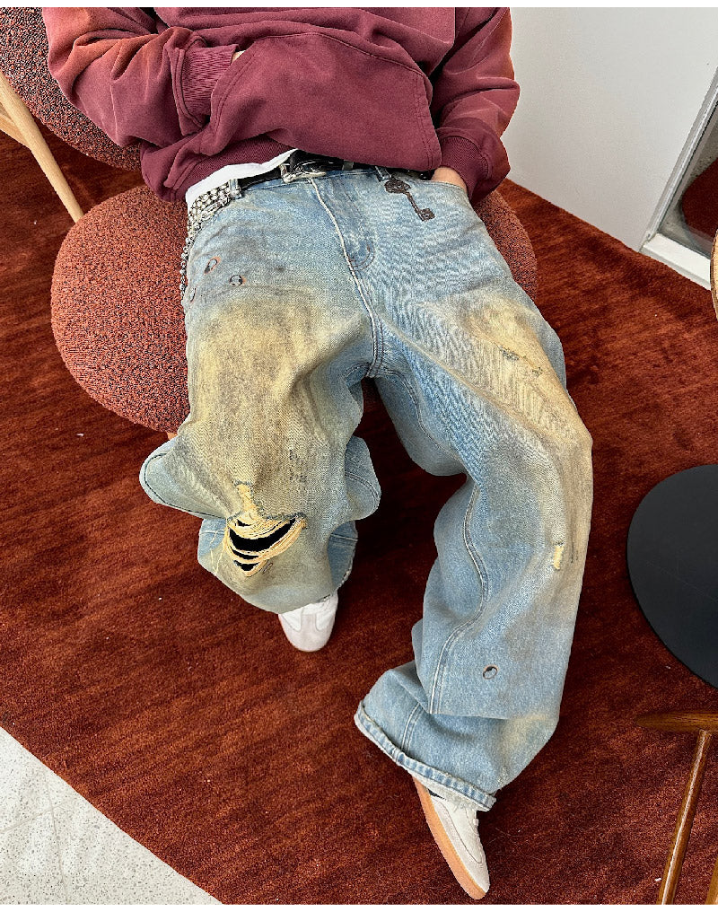 Dirty-Washed Brushing Wax Baggy Denim