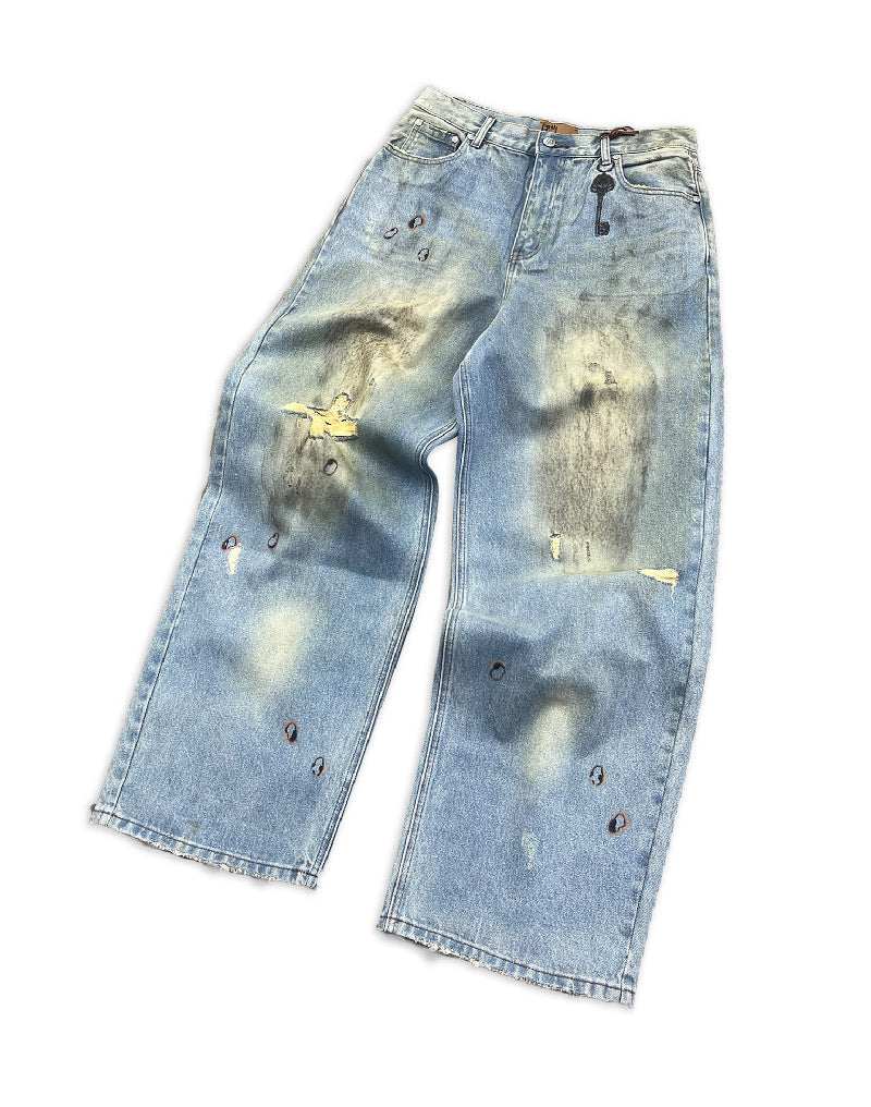 Dirty-Washed Brushing Wax Baggy Denim