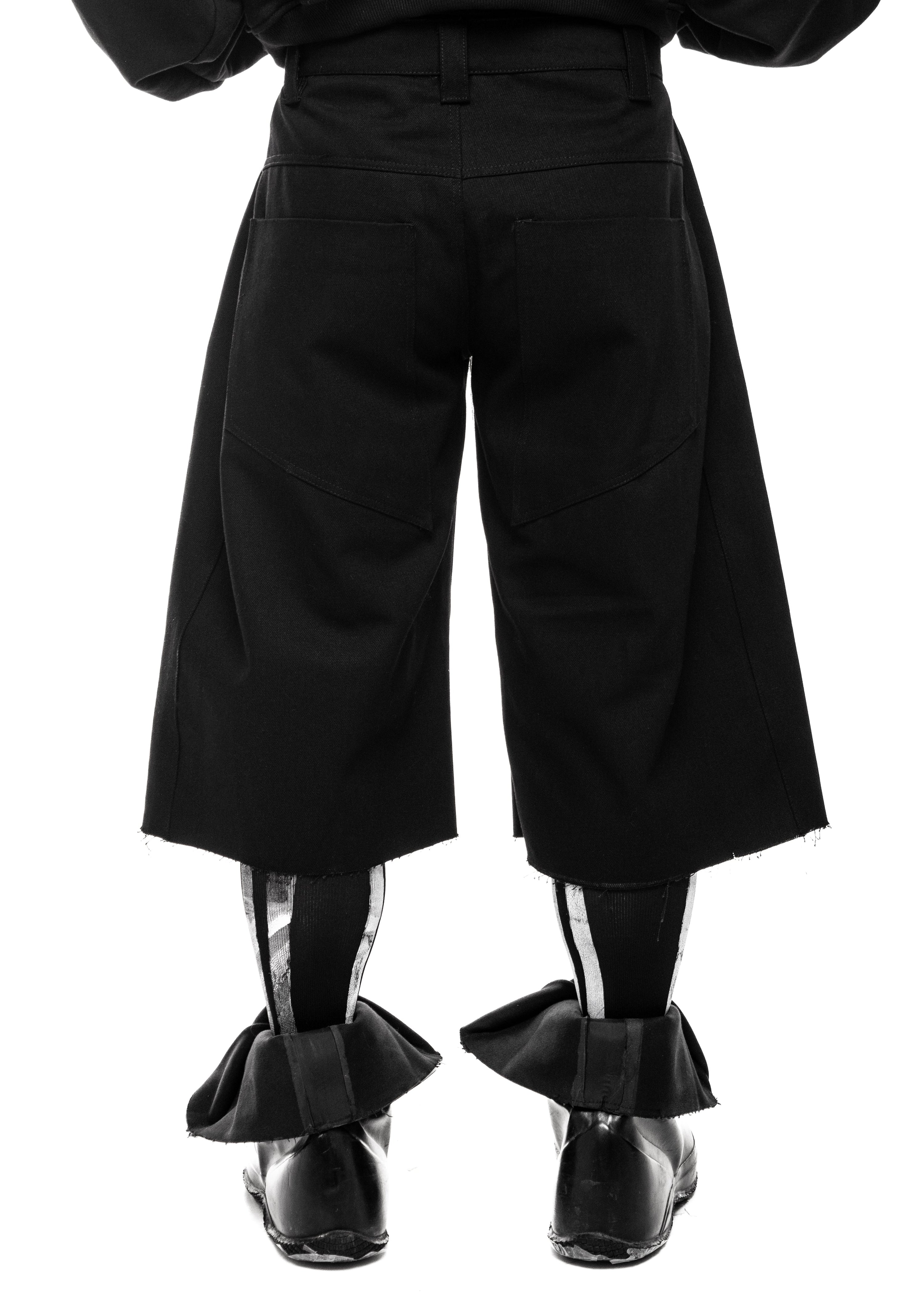 Close-up of wide-leg black denim shorts, raw hem visible.