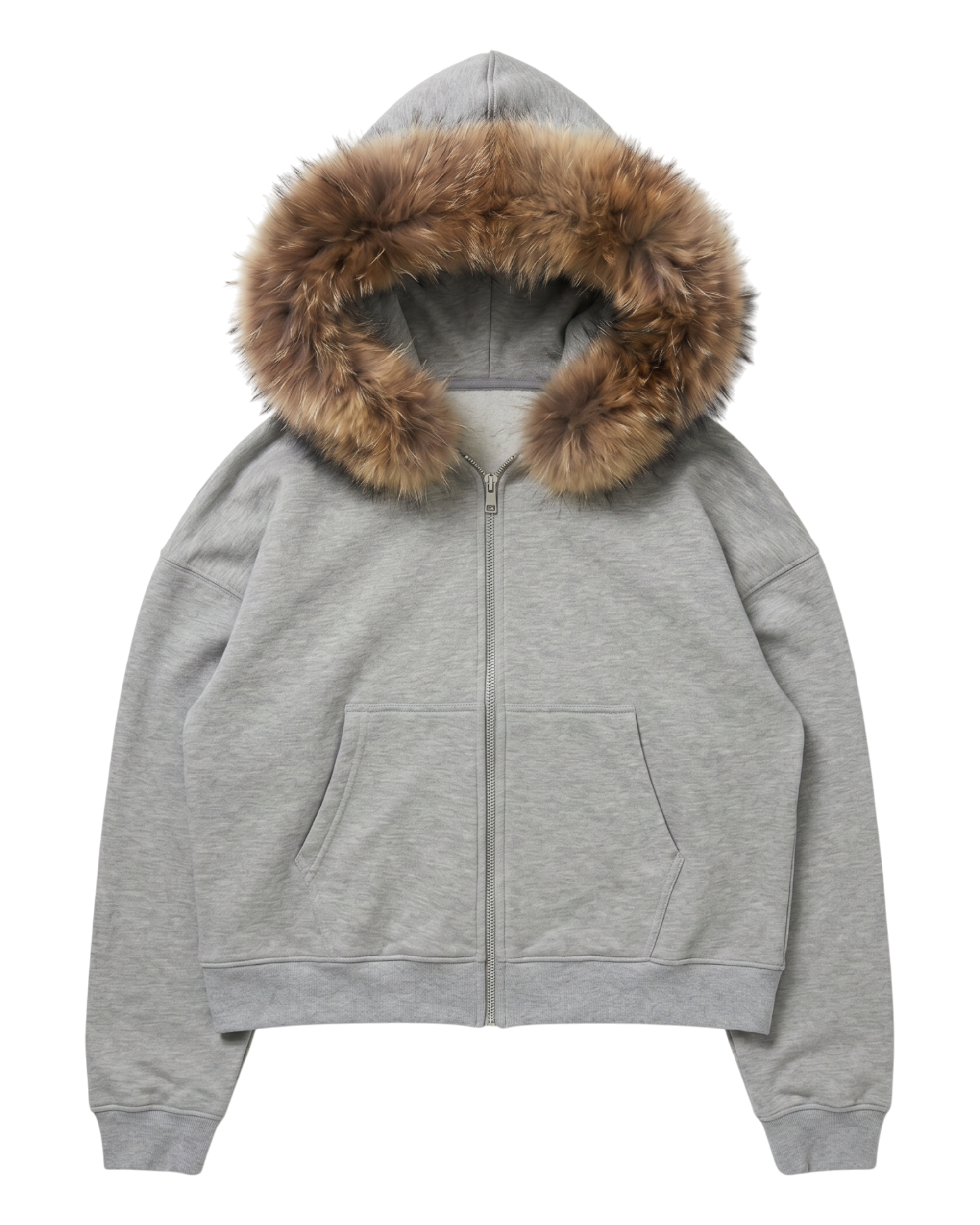FUR HOODIE, HEATHER GRAY/BROWN