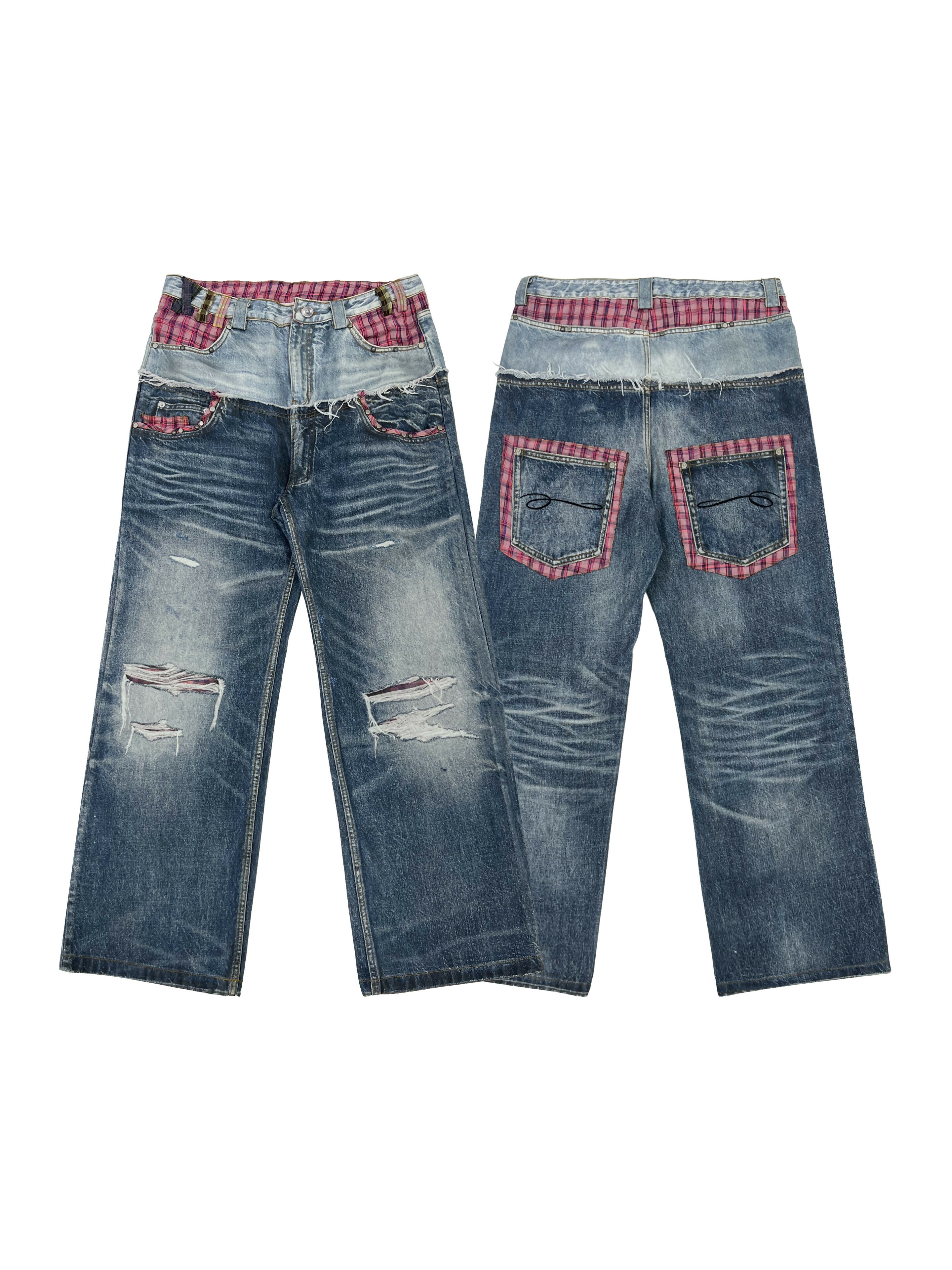 PLAID DOUBLE-WAIST JEANS