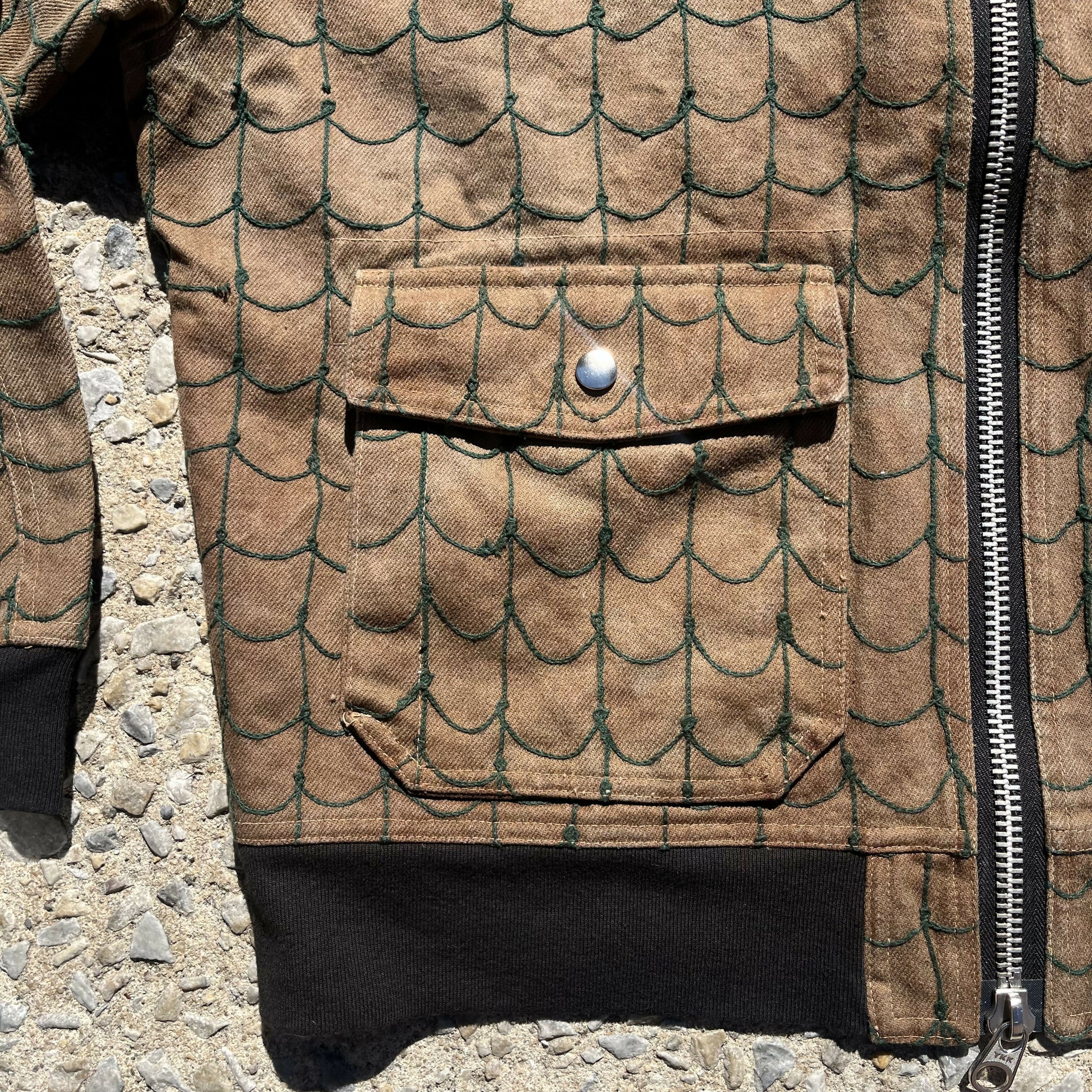 Infrequent Flyer Jacket Lined - Persimmon 12oz Fishnet Green Chainstitch Denim