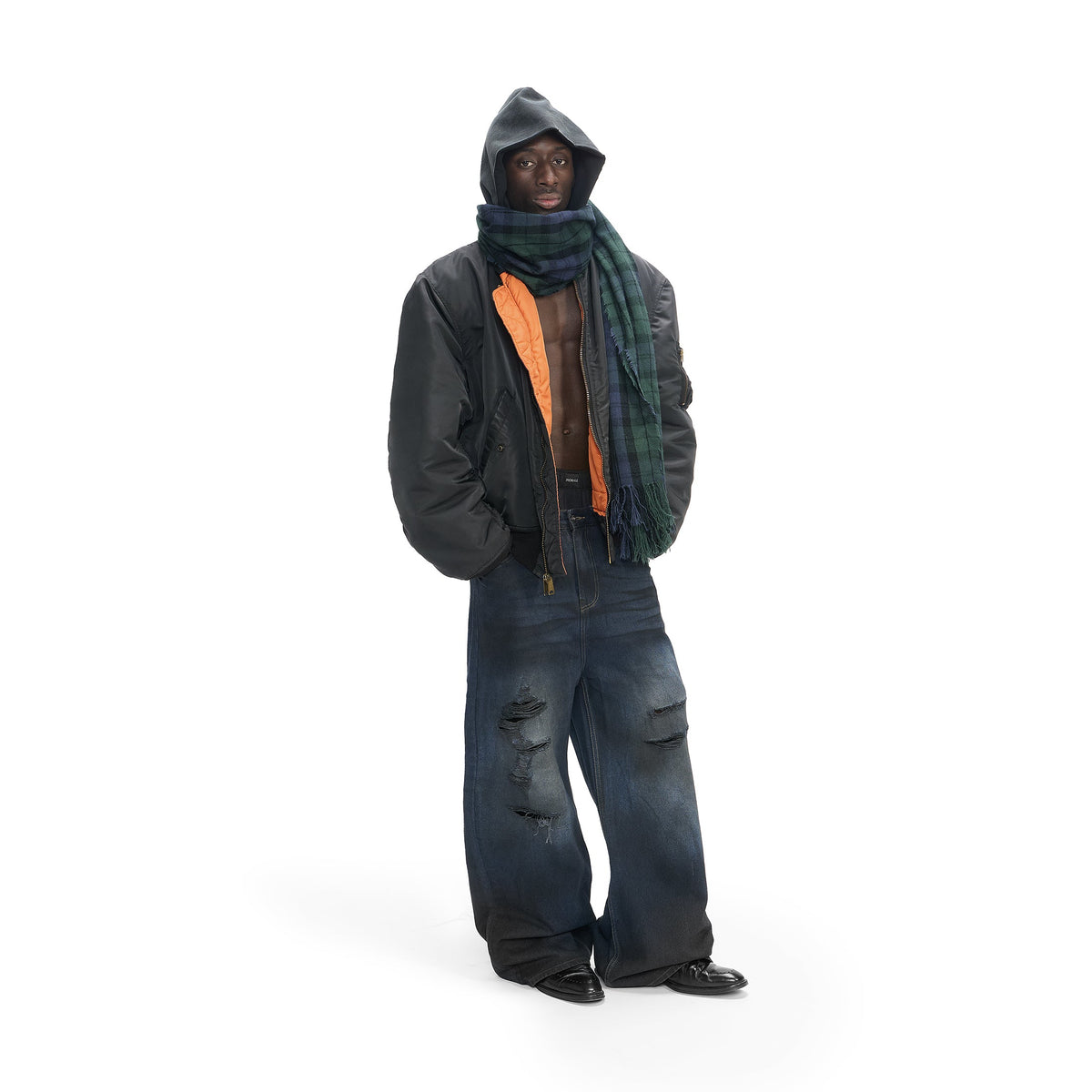 BLACK TROMPE L'OEIL HOODED BOMBER JACKET