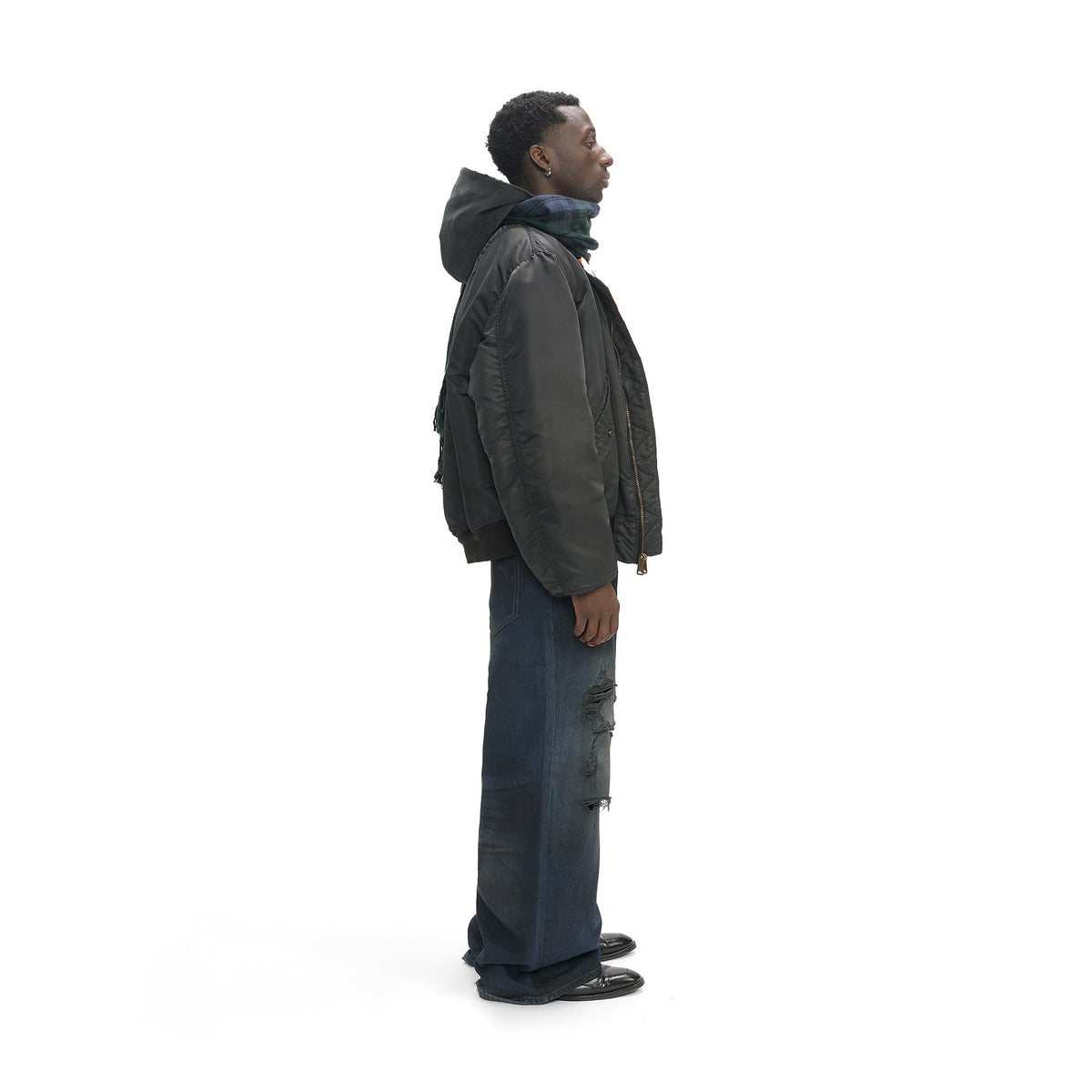 BLACK TROMPE L'OEIL HOODED BOMBER JACKET
