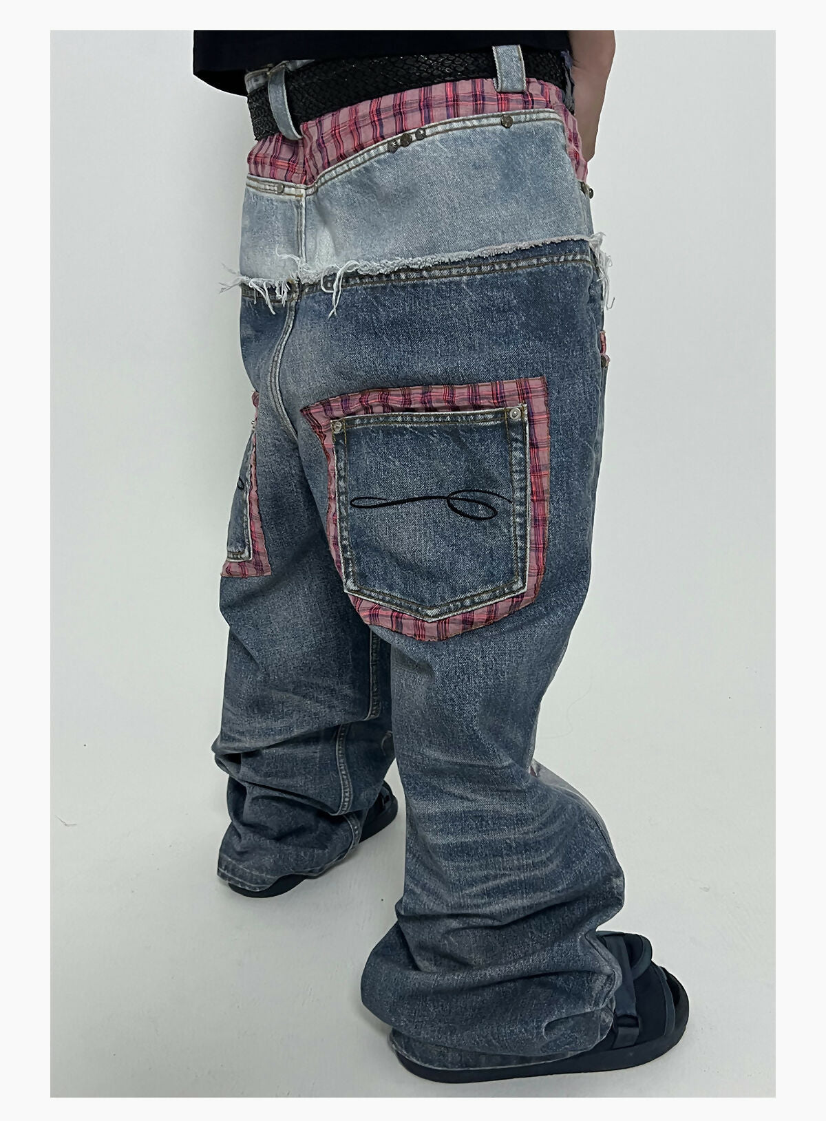 PLAID DOUBLE-WAIST JEANS