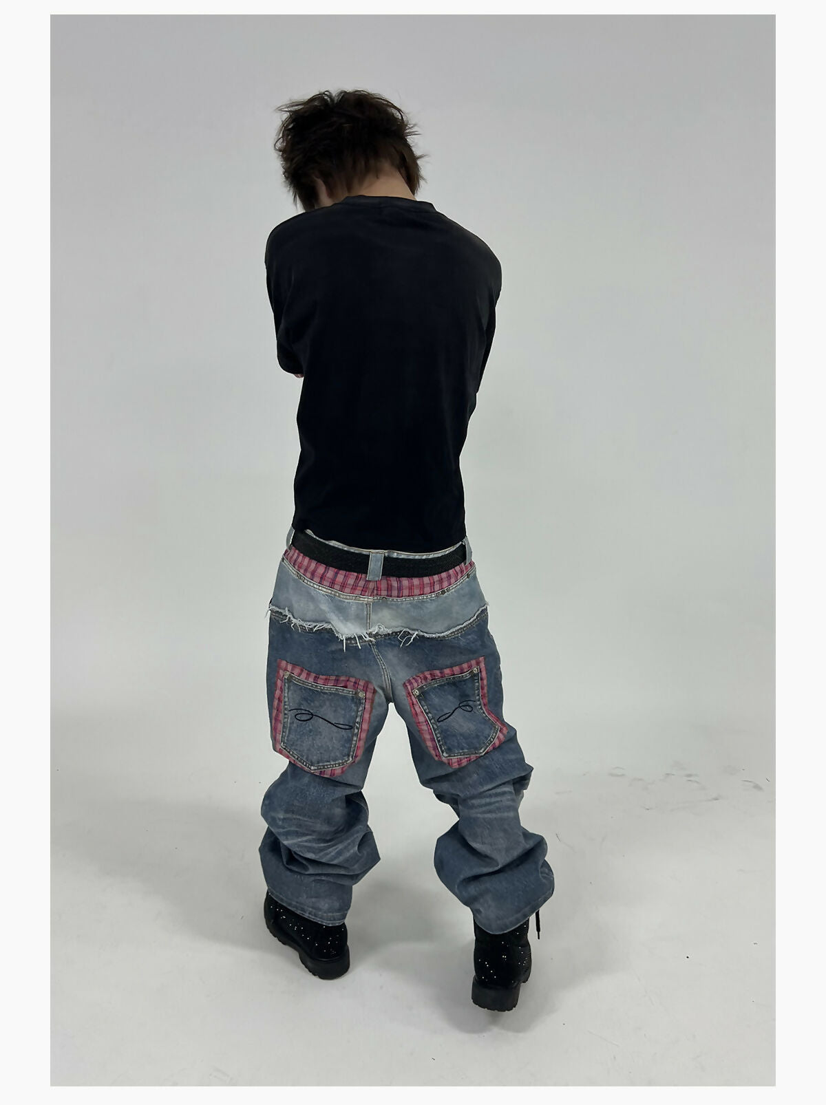 PLAID DOUBLE-WAIST JEANS