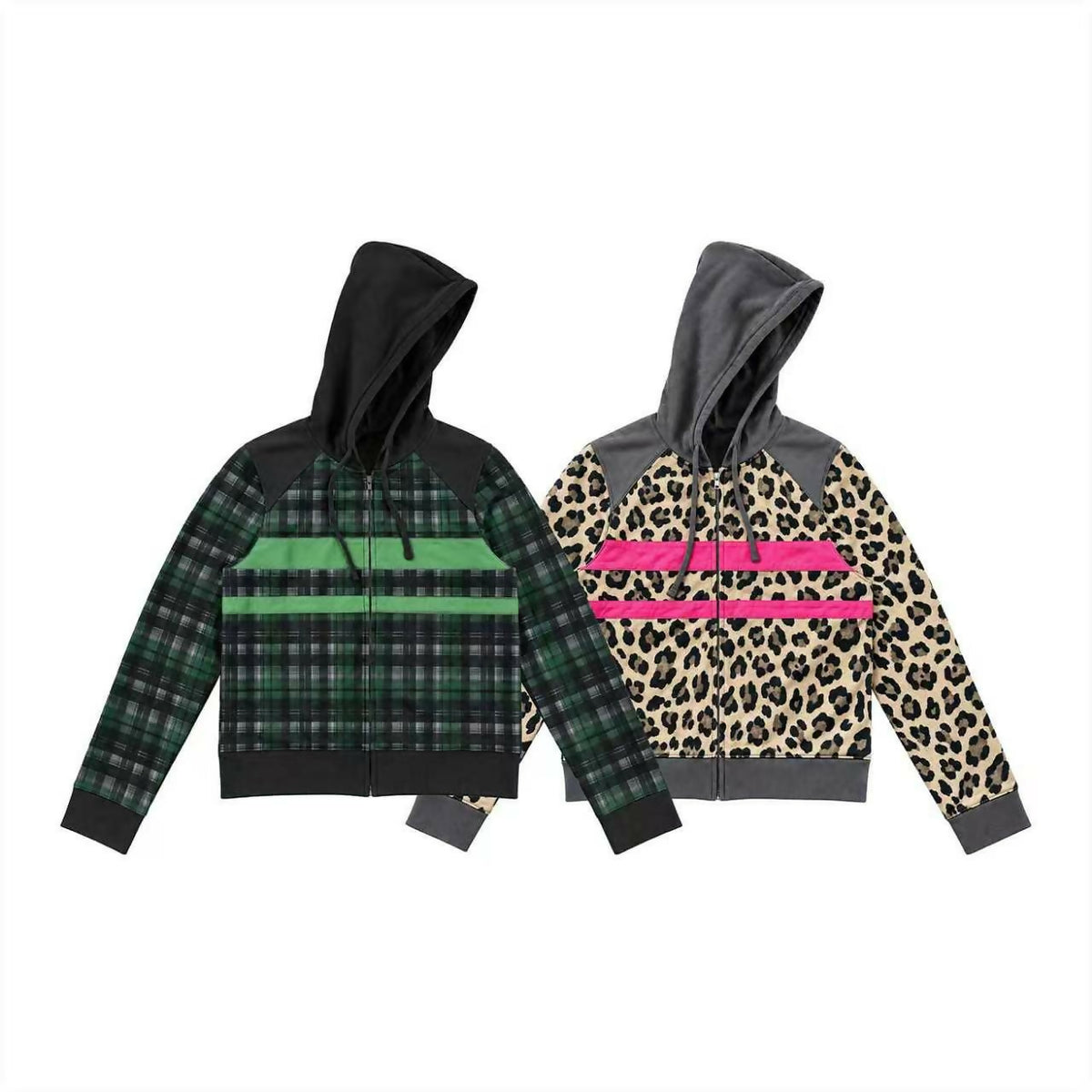 LEOPARD PLAID PATCH COLOR BLOCK HOOD JACKET